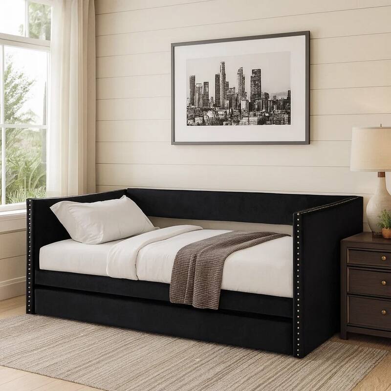Trundle Daybed, Soft Black Velvet Upholstery, Classic Nailhead Trim Design