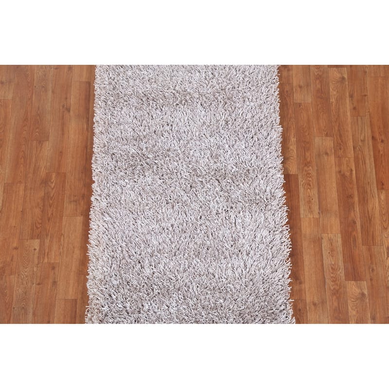Hand Knotted Oriental Polyester Carpet Modern Contemporary Beige & Ivories Shaggy Area Rug - 4' 9'' X 2' 8''