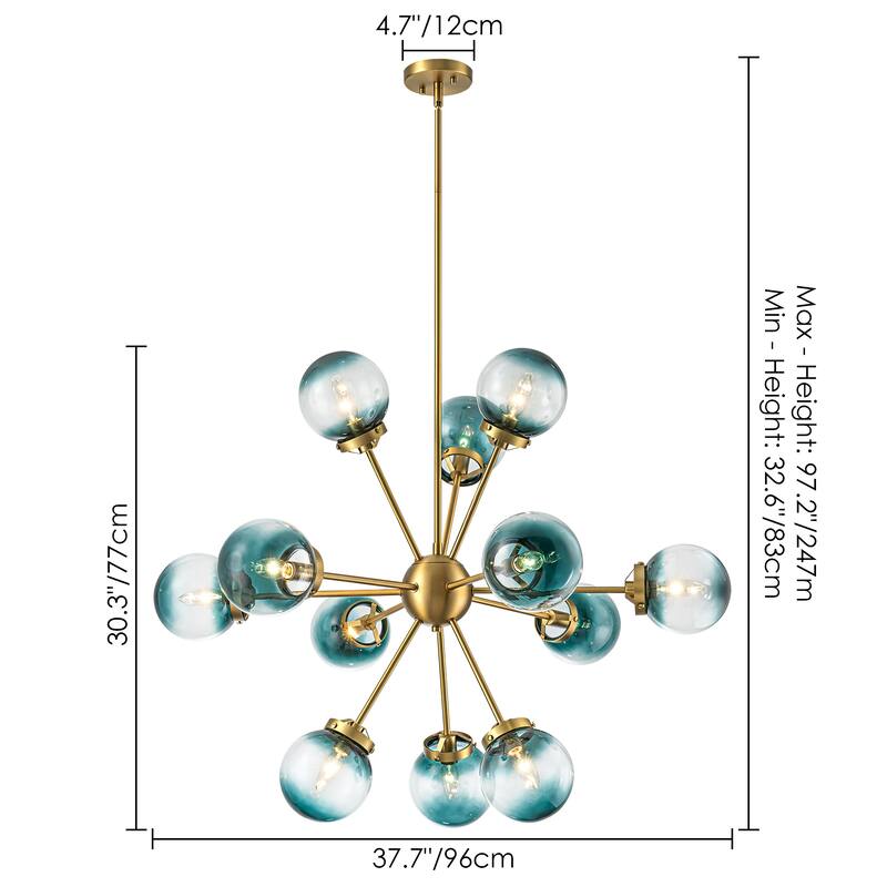12-Light Modern Glam Brushed Gold Linear Sputnik Gradient Blue Glass Globe Bubble Chandelier - 37.7 in. W x 30.3 in. H