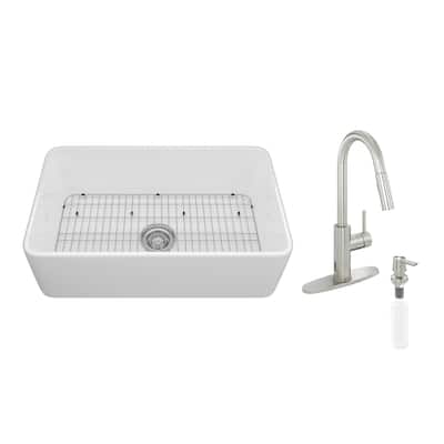 All-in-One Kit Farmhouse/Apron-Front Single Bowl Fireclay Kitchen Sink with Pull Down Sprayer Kitchen Faucet and Accessories