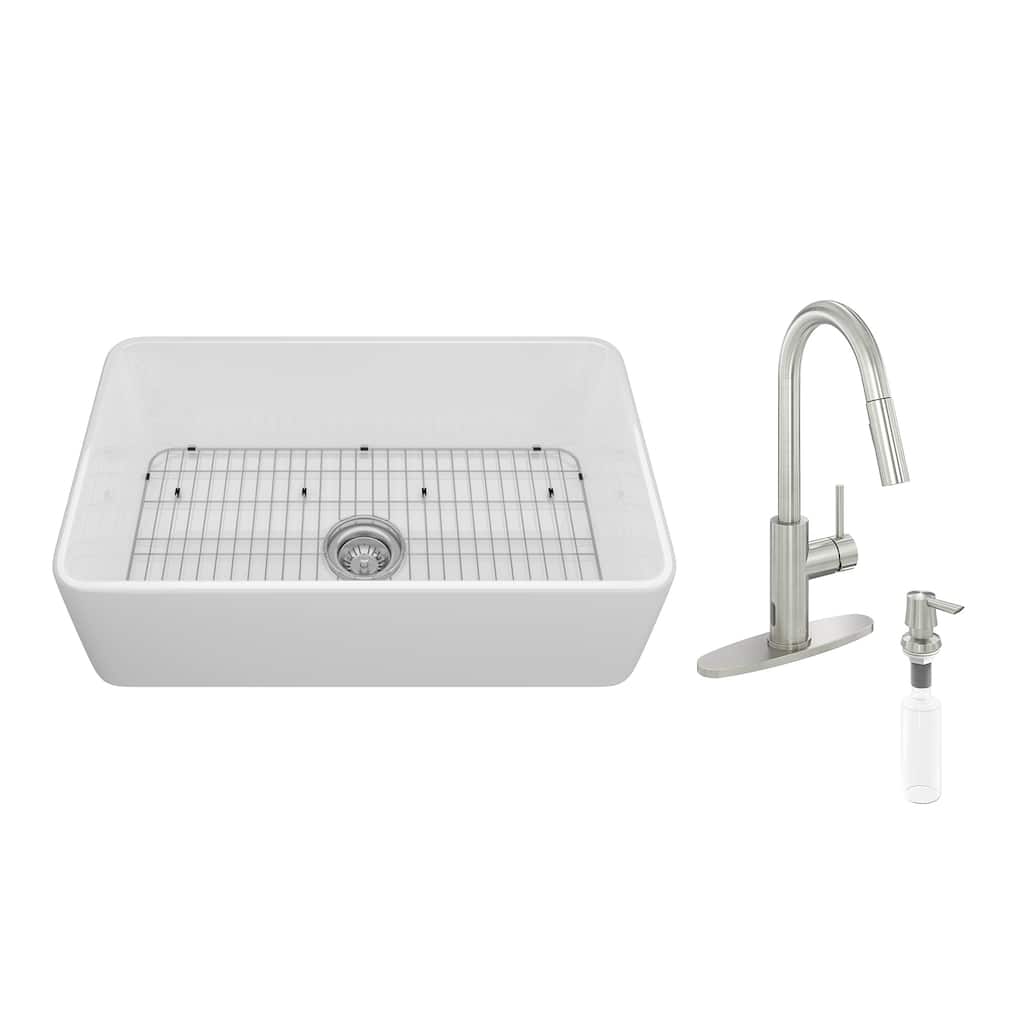 All-in-One Kit Farmhouse/Apron-Front Single Bowl Fireclay Kitchen Sink with Pull Down Sprayer Kitchen Faucet and Accessories
