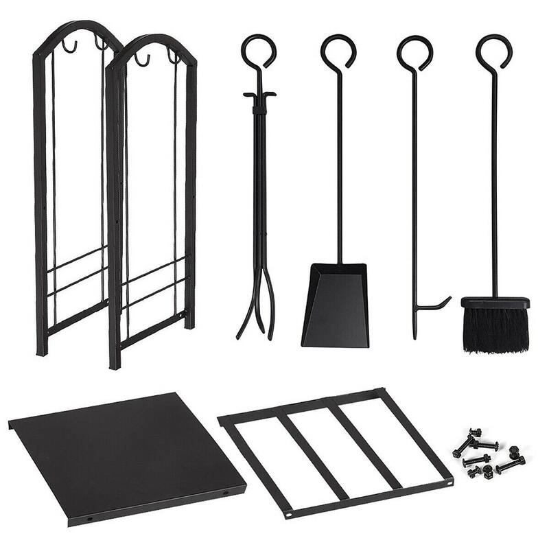 Gymax Fireplace Log Rack with 4 Tools Set Fireside Firewood Holders