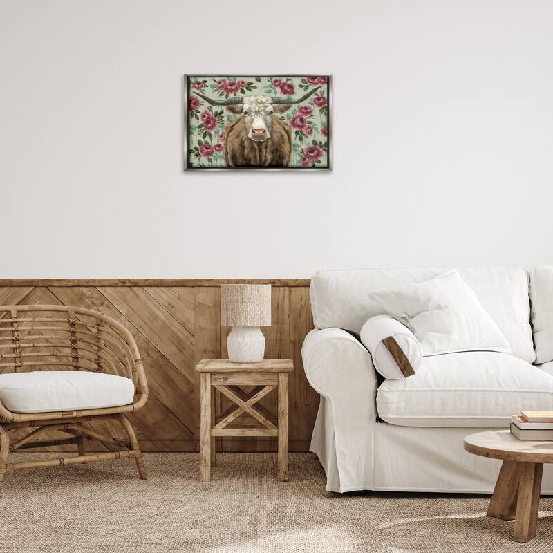 Stupell Longhorn with Magenta Blooms Framed Floater Canvas Wall Art Design By Sara G. Designs
