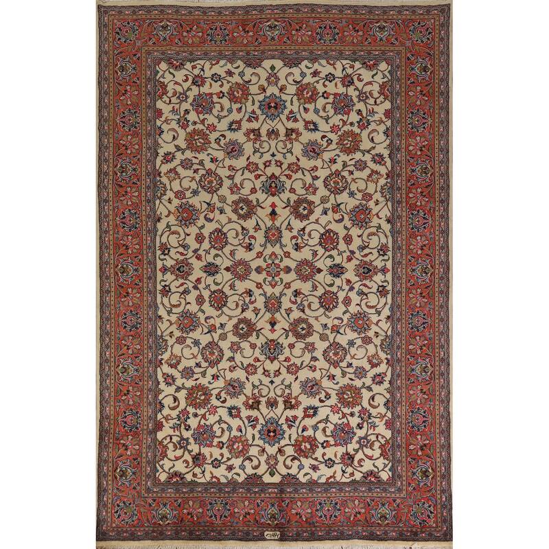 Hand Knotted Oriental 100% Wool Carpet Traditional All-Over Beige & Ivories Sarouk Area Rug - 9' 10'' X 6' 7''