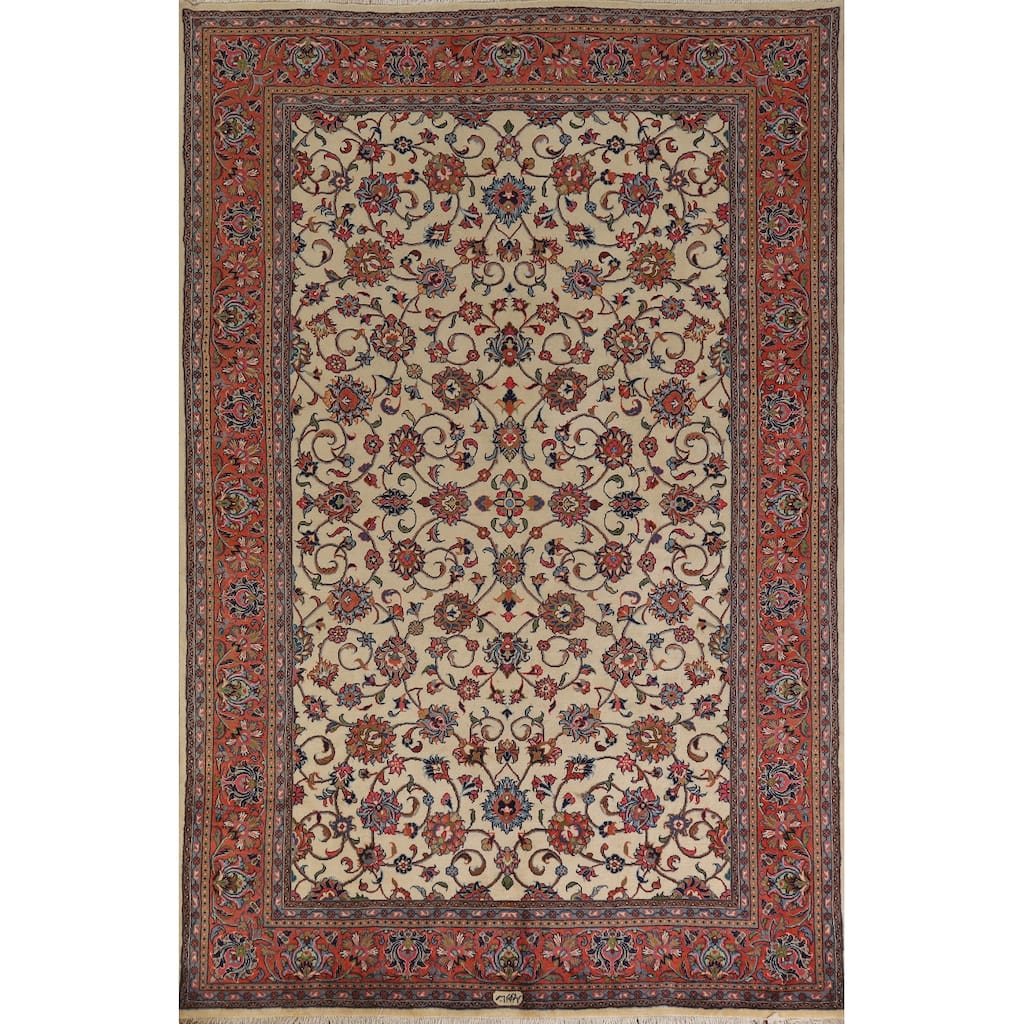 Hand Knotted Oriental 100% Wool Carpet Traditional All-Over Beige & Ivories Sarouk Area Rug - 9' 10'' X 6' 7''