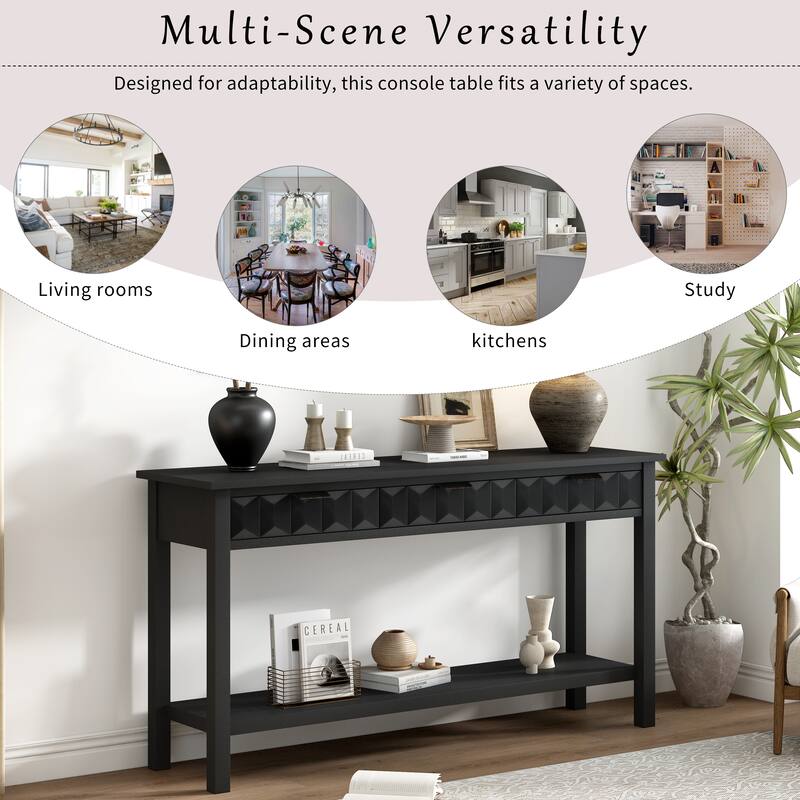 60'' Fir Veneer Console Table with Honeycomb-Patterned Drawers, 3 Storage Drawers and Open Shelf Entryway Table