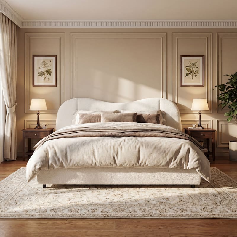 Christopher Knight Home - Boucle Upholstered Platform Bed with Curved Wide Headboard