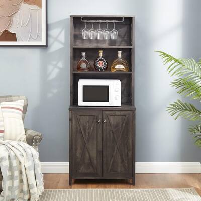 Roomfitters Farmhouse Wine Cabinet, Kitchen Hutch Buffet for Liquor and Glasses Rack, Home Bar Cabinet with Open Storage