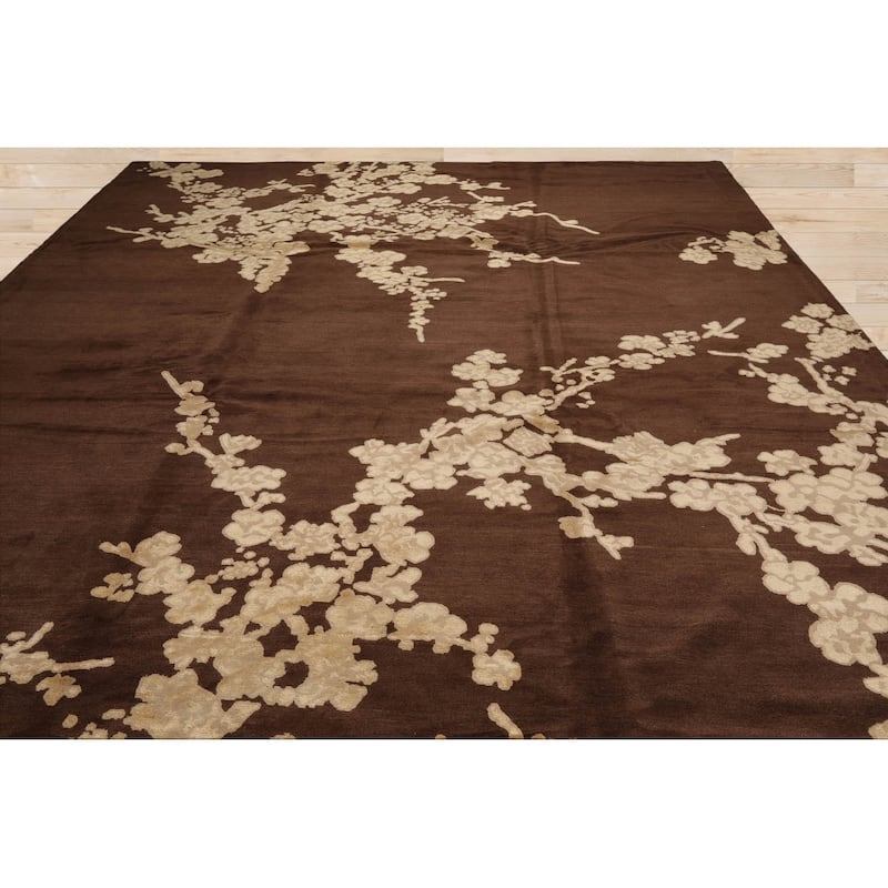 Hand Knotted Brown,Beige Tibetan Wool & Silk Modern Oriental Area Rug - 10' 2'' x 14'