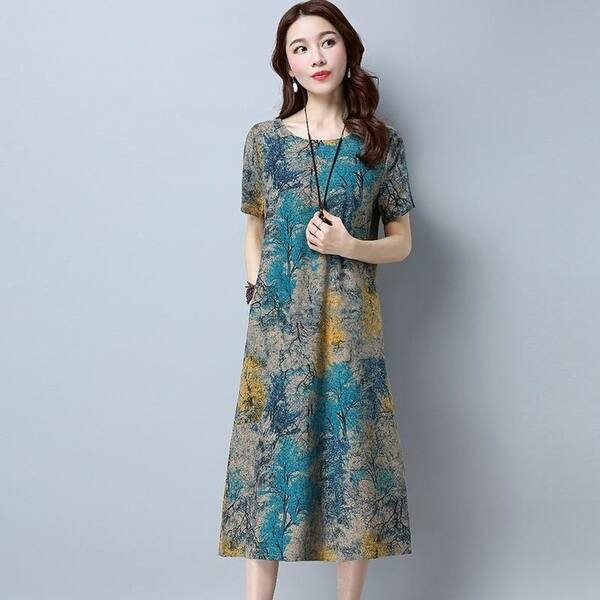 Shop Summer Cotton Linen Dress Women O Neck Short Sleeve Loose