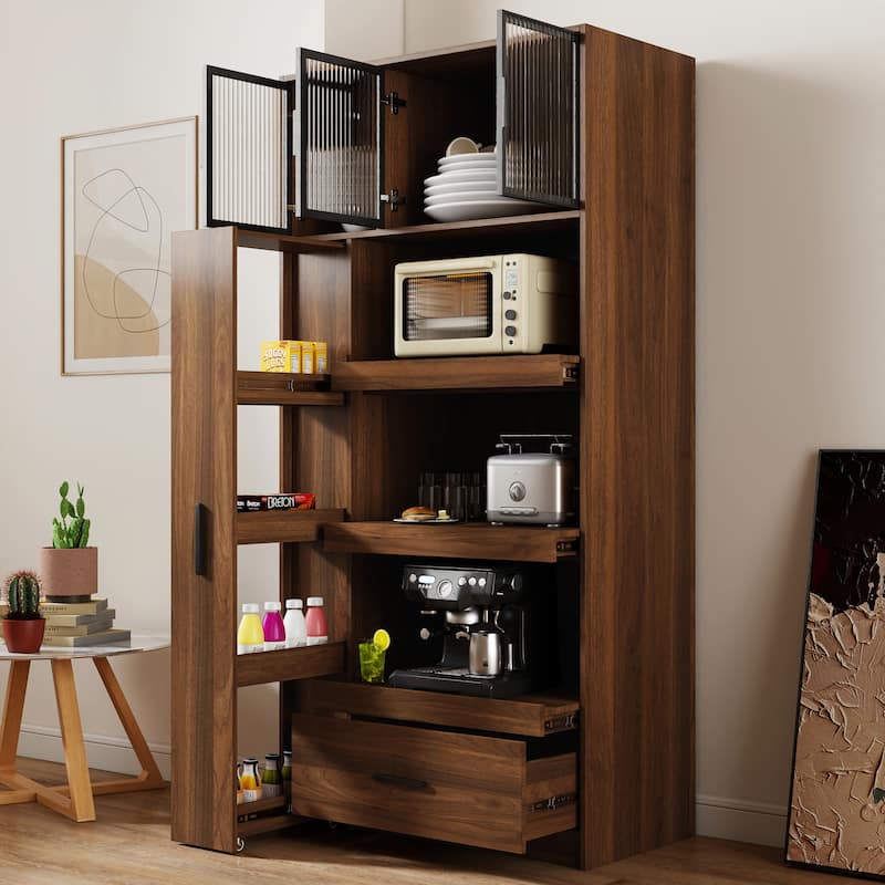70.87" Tall Kitchen Pantry Cabinet with 4-Tier Side Shelf and 2 Drawers