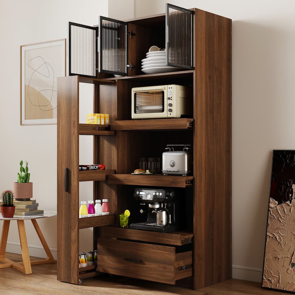 GDFStudio - Harry 70.87" Freestanding Multi-Function Pantry Cabinet with Pull-Out Shelves, Drawers & Microwave Stand