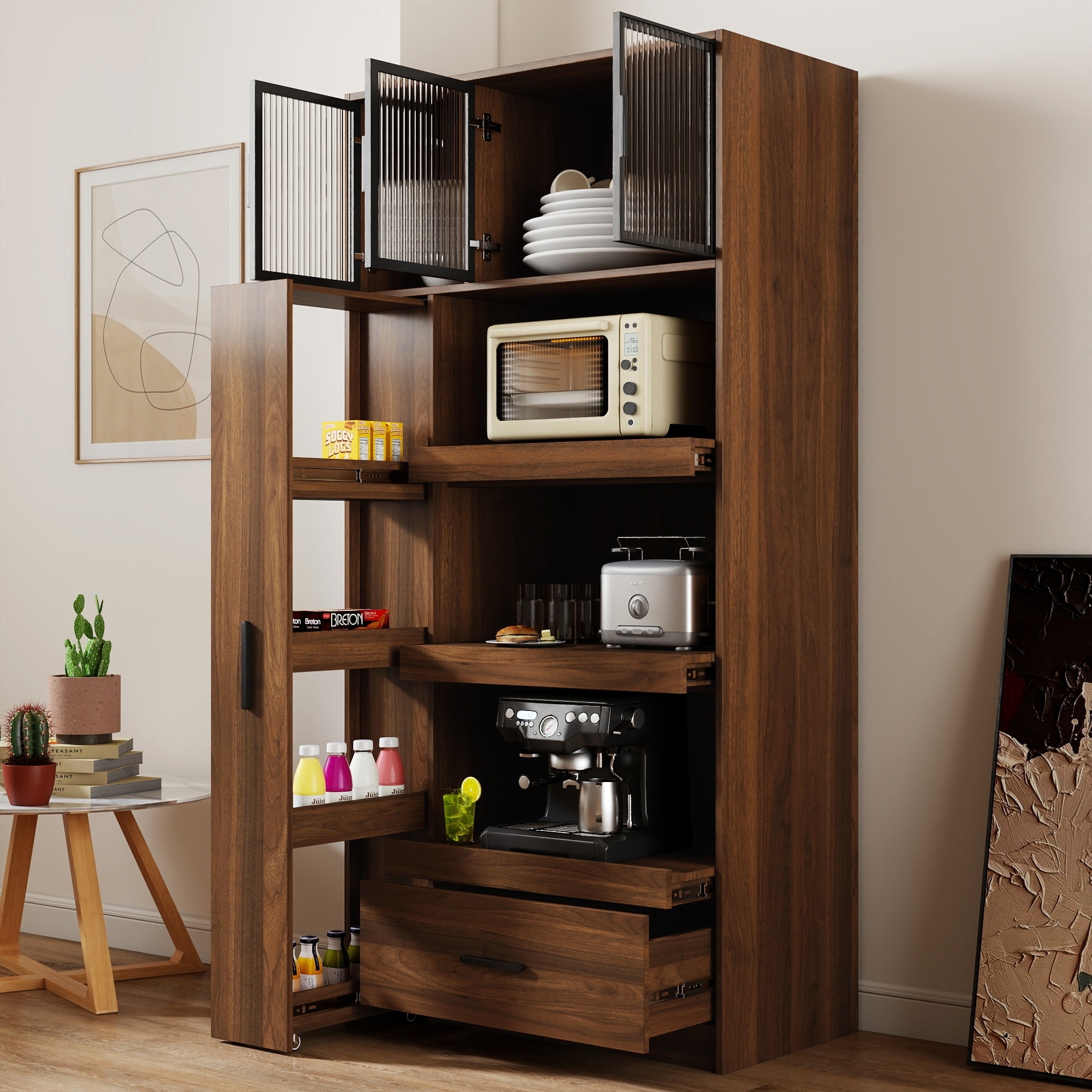 Roomfitters Kitchen Pantry Cabinet with Pull-Out Storage Shelf, Microwave Stand and Drawer, Freestanding Food Hutch, Walnut