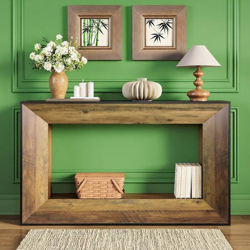Brown Vintage Style Console Table with Geometric Design MDF Wood Entryway Sofa Hallway Table 55 Inch - 55.12" x 11.81" x 33.46"
