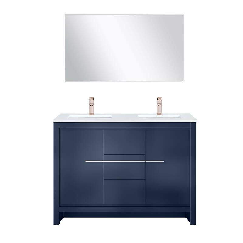 Lafarre Bath Vanity with Cultured Marble Top, Sink, Mirror and Rose Gold Faucet - 48 inch - Navy Blue
