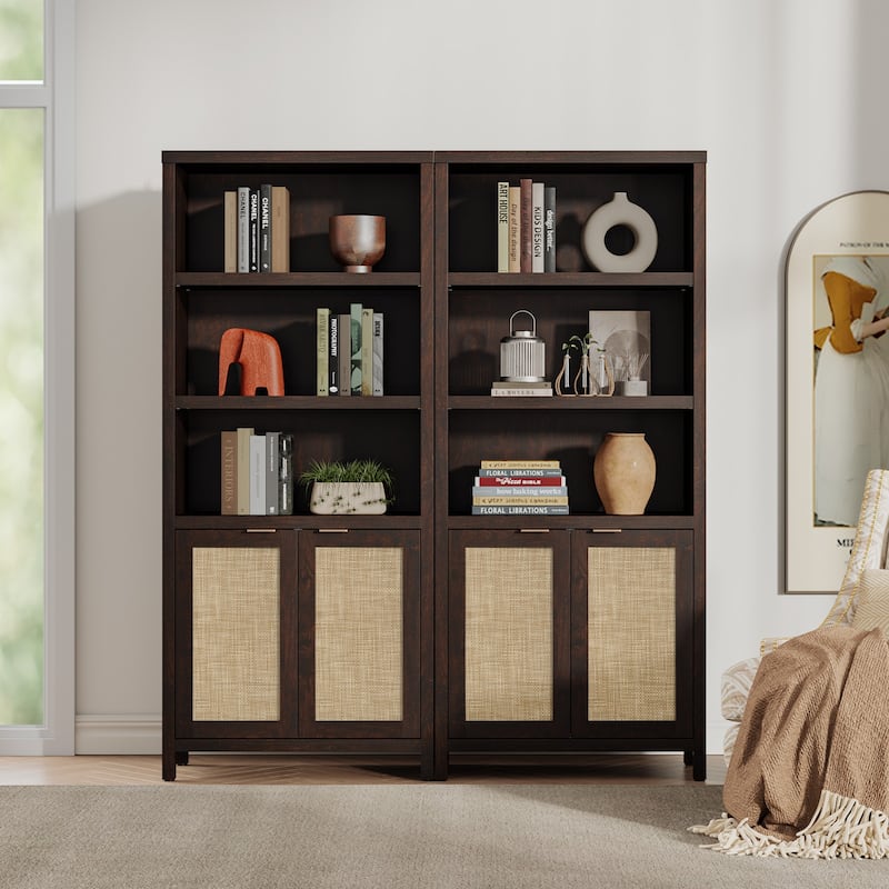 SICOTAS 5 Tier Adjustable Bookcase with Rattan Storage Cabinet