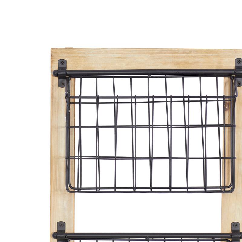 Black Metal 3 or 2 Slot Magazine Rack Holder with Wood Frame and Suspended Wire Baskets