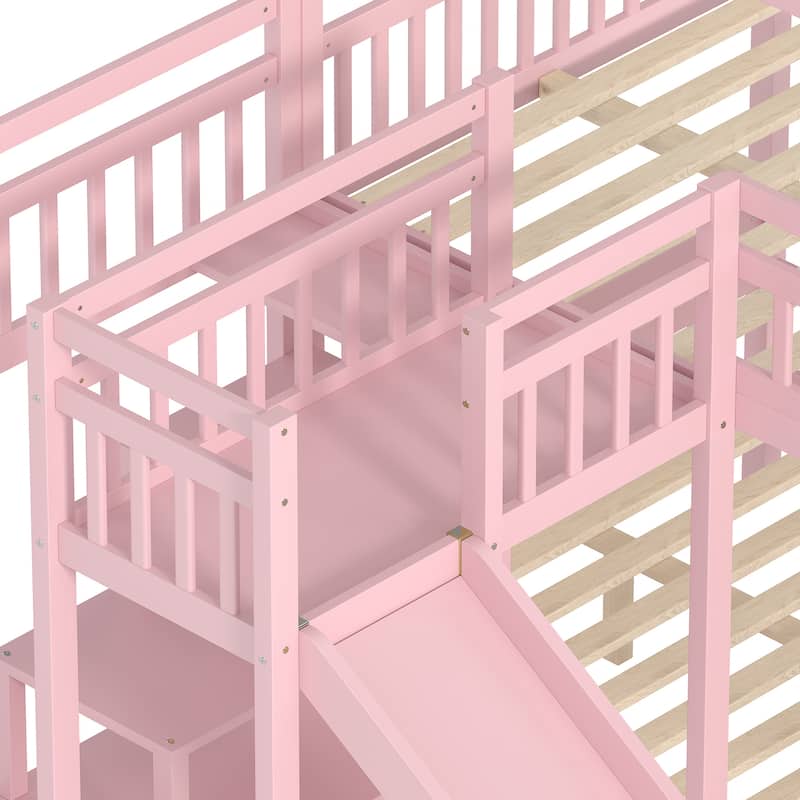 House-shaped Bunk Bed Playful Kids Bed Frame with Storage Stairs, Slide and 2 Placement Methods for Boys and Girls