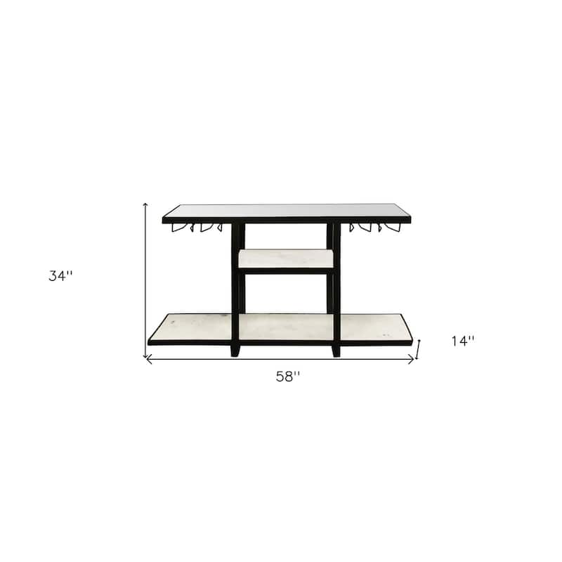 HomeRoots 58" White and Black Genuine Marble Floor Shelf Console Table Two Shelves - 58