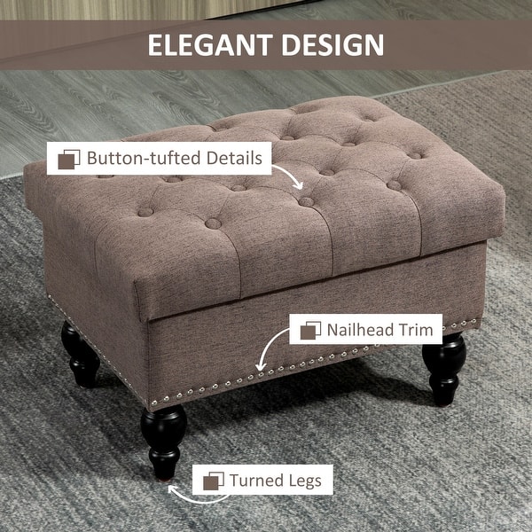 dimension image slide 0 of 7, HOMCOM Storage Ottoman with Removable Lid, Button-Tufted Fabric Bench for Footrest and Seat with Wood Legs