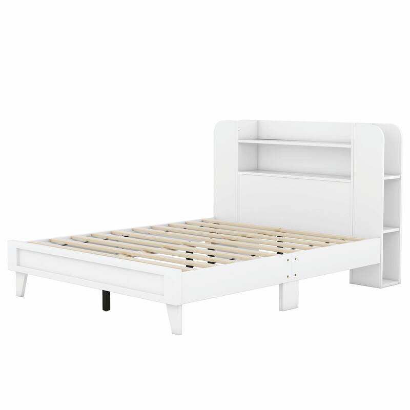 Platform Bed with Storage Headboard, Multiple Shelves on Both Sides