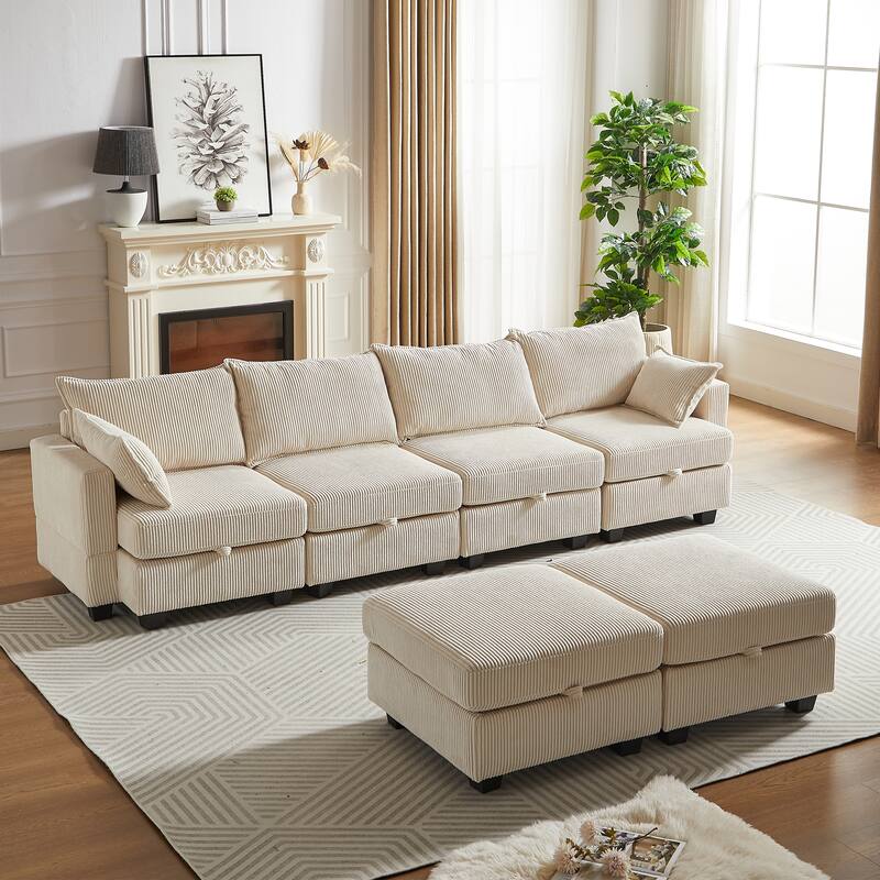 113.5" Corduroy U-Shaped Sectional Sofa with Ottoman