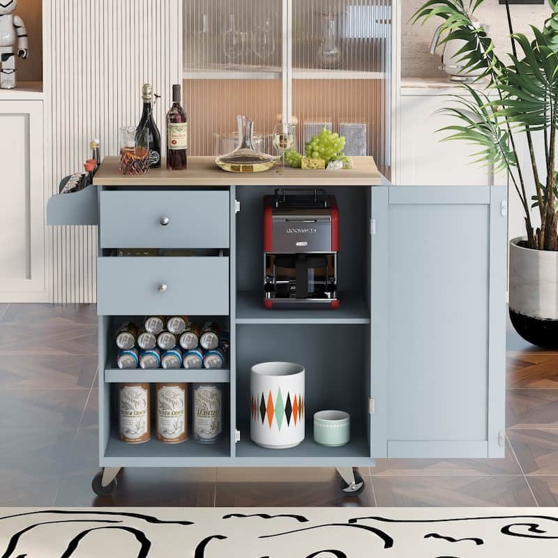 41.3 in. W Kitchen Island Rubberwood Top on 4 Wheels with 2 Drawers and Large Storage Cabinet