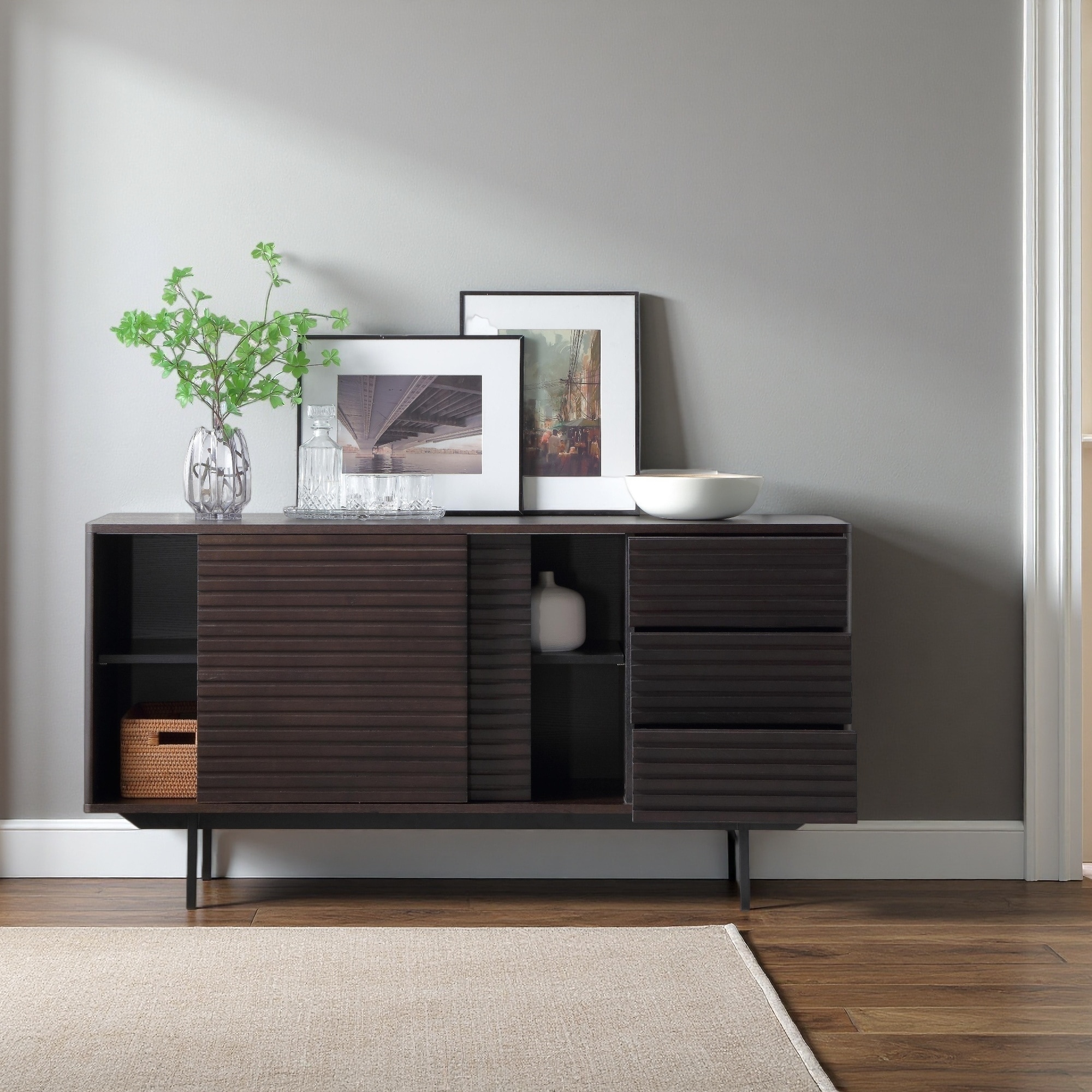 Mid-Century Modern Sideboard Buffet Cabinet with Drawers & Cable Management