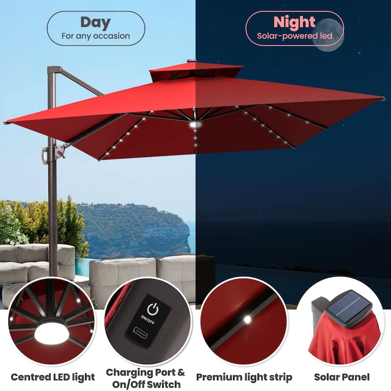 13 x 10 FT Outdoor Patio Cantilever LED Lighted Double Vented Umbrella with Base