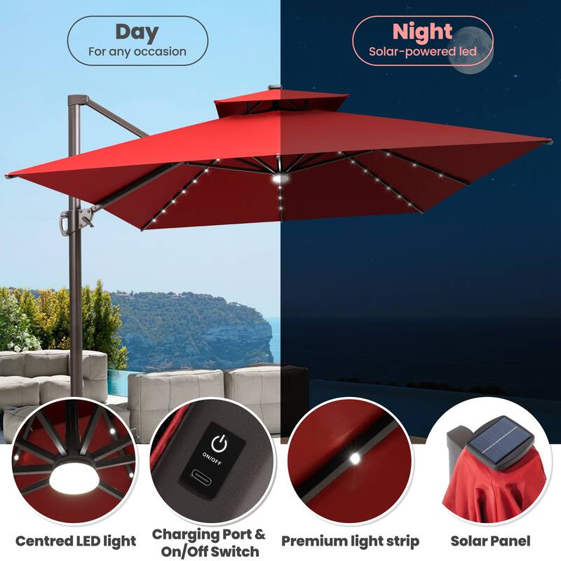 13 x 10ft Solar Powered LED Patio Cantilever Umbrella 360-degree Rotation with Weighted Base