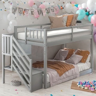 Modern Twin Over Twin Floor Bunk Bed,Ladder With Storage for Bedroom