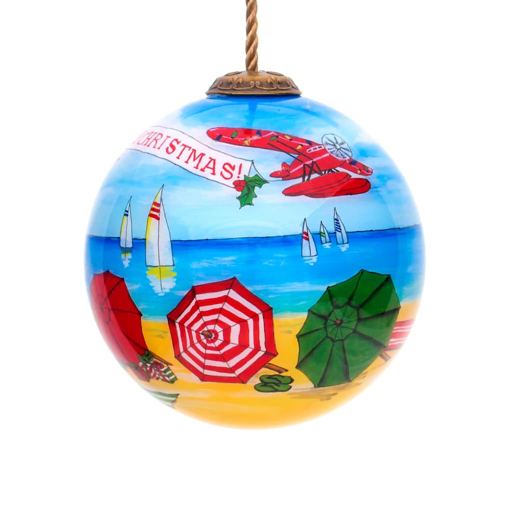 3" Blue Yellow Christmas Beach Umbrella Hand Painted Glass Hanging Christmas Ornament