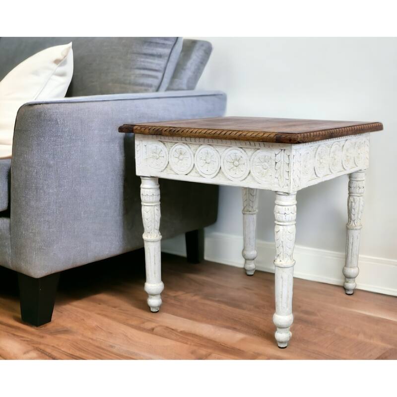 HomeRoots 24" Ivory And Brown Distressed Solid Wood Square End Table - 24