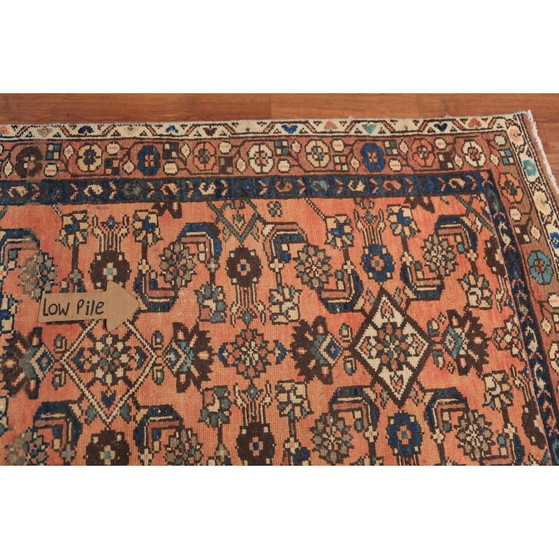 Geometric Hamedan Persian Runner Rug Orange Hand-Knotted Wool Carpet - 3'4"x 13'6"