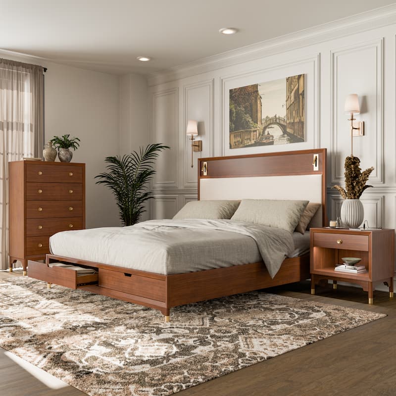 Furniture of America Forma Mid-Century Modern 3-Piece Walnut Solid Wood Storage Platform Bedroom Set - Queen