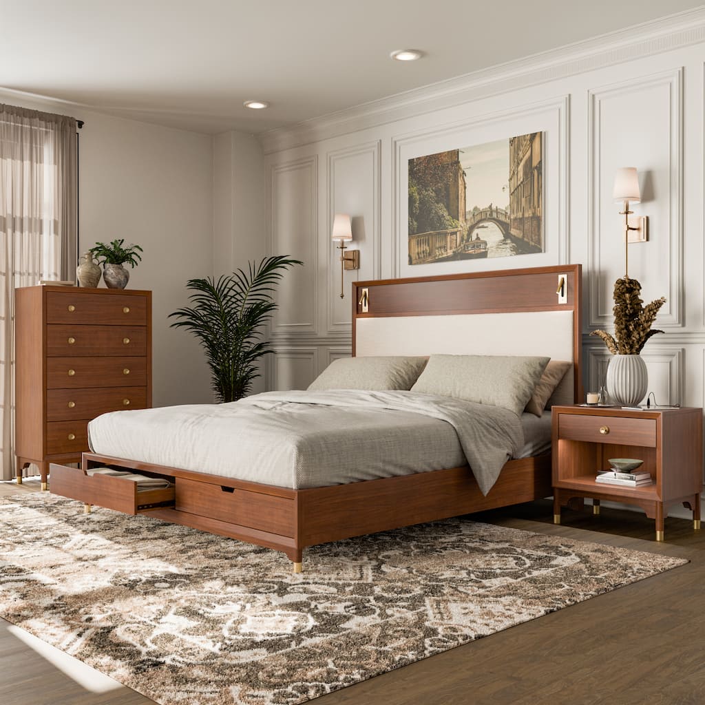 Furniture of America Forma Mid-Century Modern 3-Piece Walnut Solid Wood Storage Platform Bedroom Set