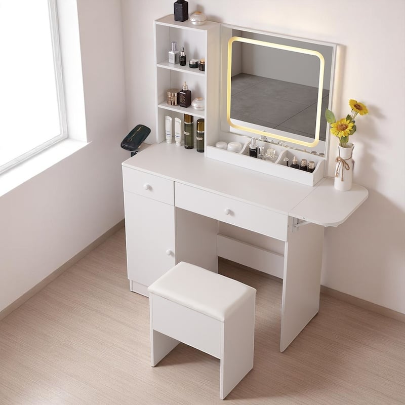 Makeup Vanity Desk with Charging Station, Lighted Mirror, Foldable Top & Storage Stool - 3 Light Modes