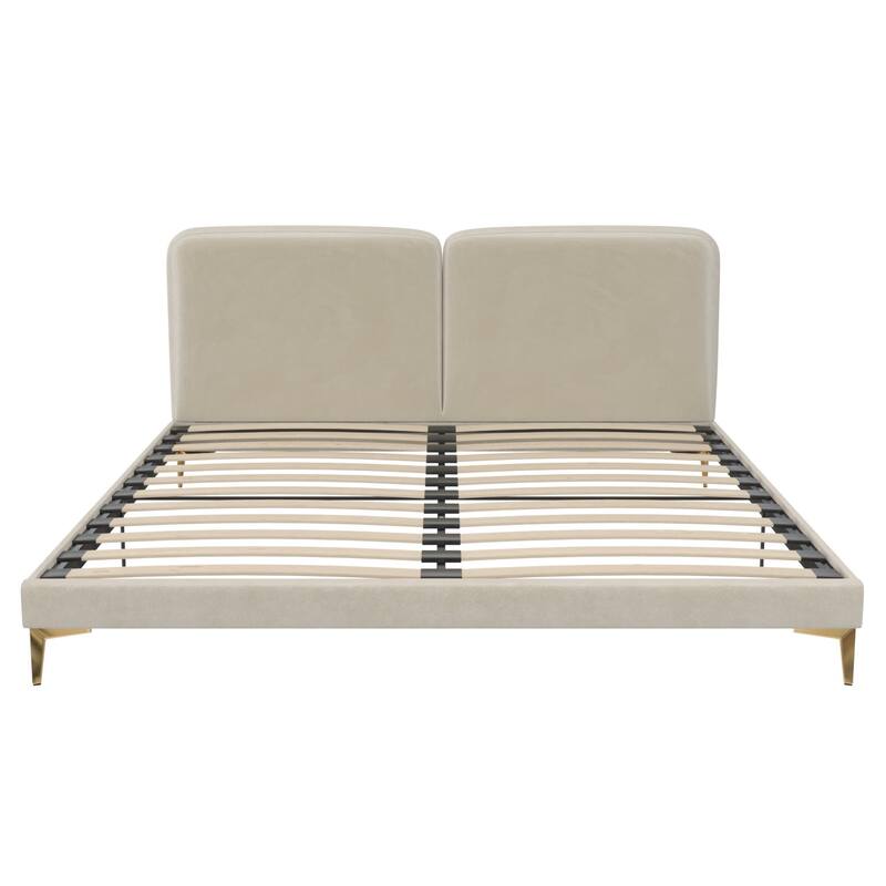 Velvet Upholstered King Size Bed with Gold-Plated Legs