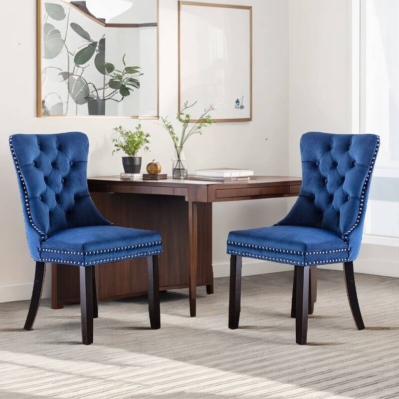 Set of 2 Velvet Dining Chairs – Tufted Upholstered Armless Accent Chairs with Nailhead Trim & Back Ring Pull - Navy