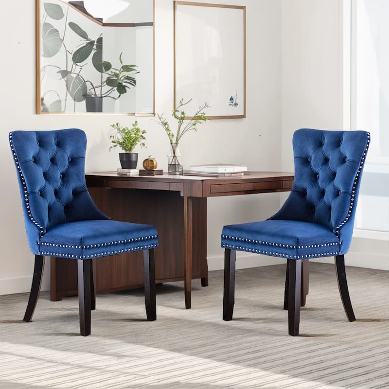 Modern Velvet Dining Chairs Set of 2 – Nikki Collection Side Chairs with Wood Legs & Ring Pull - Blue