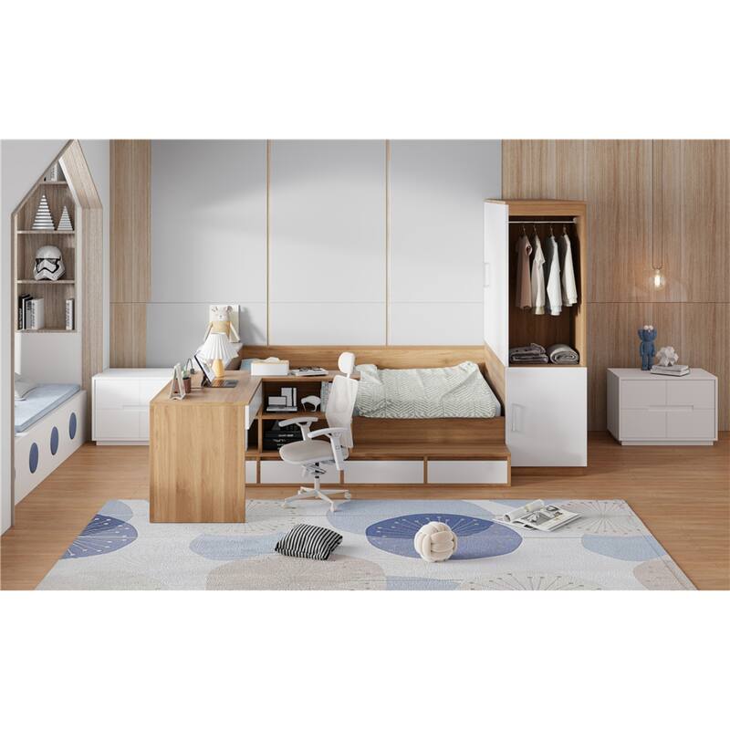 Roomfitters Full Platform Bed System with Integrated Desk, Wardrobe and Storage Bins, All-in-One Bedroom Suite