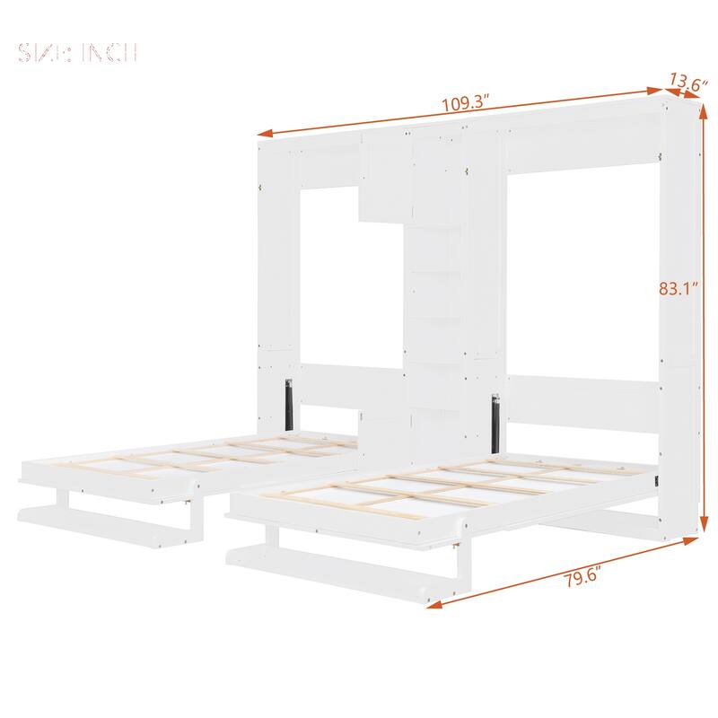 Dual Twin Wall Murphy Beds with Cabinets & Shelves, Space-Saving Bedroom Solution