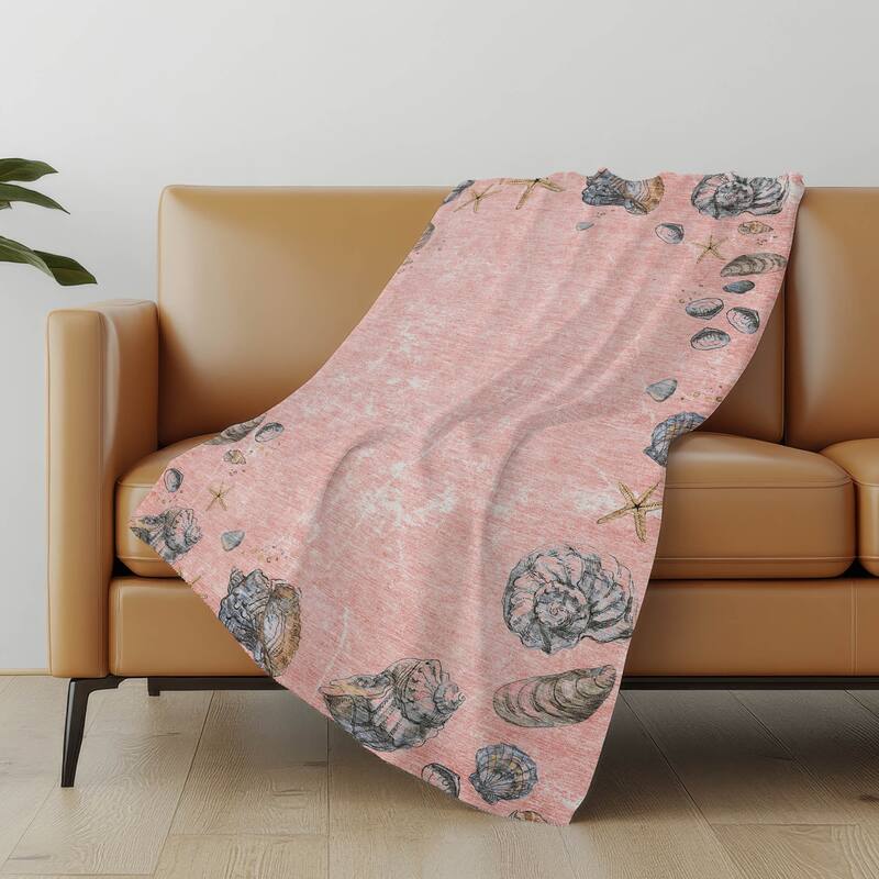 Premium Machine Washable ASB188 Seashell Border Sherpa Throw Blanket - Peach - 4'2" x 5'10"