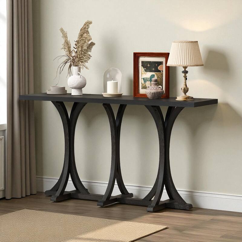 59.8'' Farmhouse Wooden Console Table with Oak Veneer Top, Curved Rubber Wood Legs, Entryway Sofa Table for Living Room