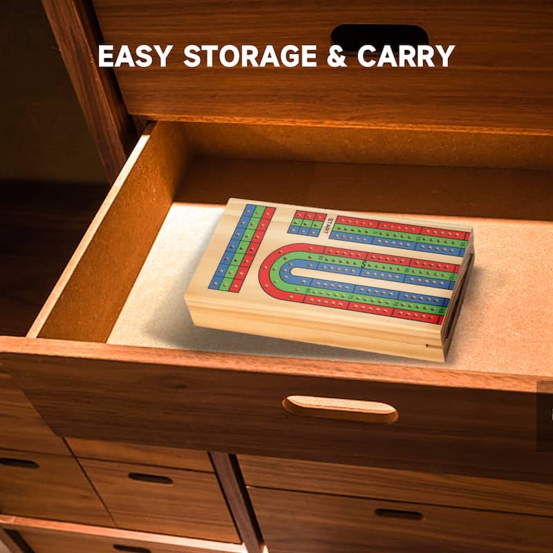 GSE™ Wooden Folding 3-Track Color Coded Portable Travel Cribbage Board with 6 Plastic Pegs