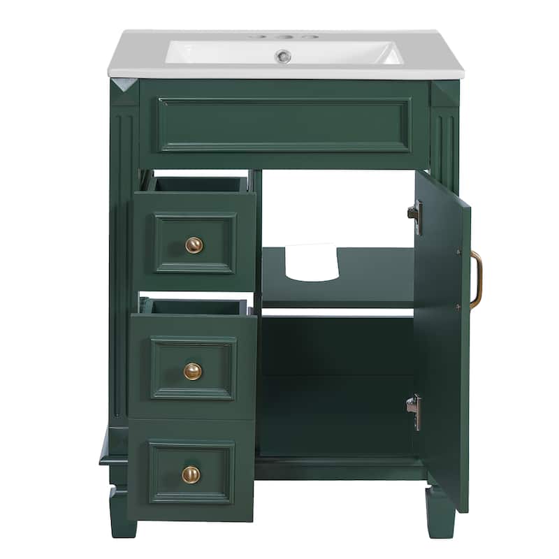 24" Bathroom Vanity With Ceramic Sink, Small Bathroom Sink Cabinet, Modern Cabinet With 2 Drawers And Adjustable Shelf