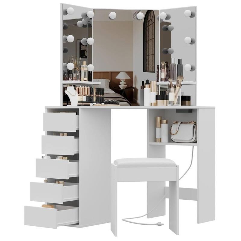 Corner Vanity Desk with Lighted Mirror and Stool, 5 Drawers, Charging Station - White