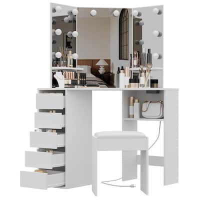 Corner Vanity Desk with Lighted Mirror and Stool, 5 Drawers, Charging Station