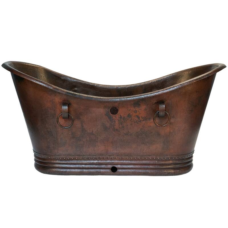 72" Hammered Copper Double Slipper Bathtub with Rings and Overflow Holes and Drain Package