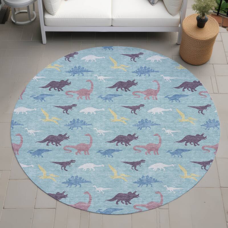 Machine Washable Indoor/ Outdoor Modern Dinosaur Chantille Rug - Aqua - 8' x 8'